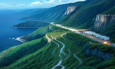约旦瓦迪拉姆沙漠吉普车探险路线，赤红砂岩山脉间越野车扬尘而过，蓝天与红地形成强烈对比